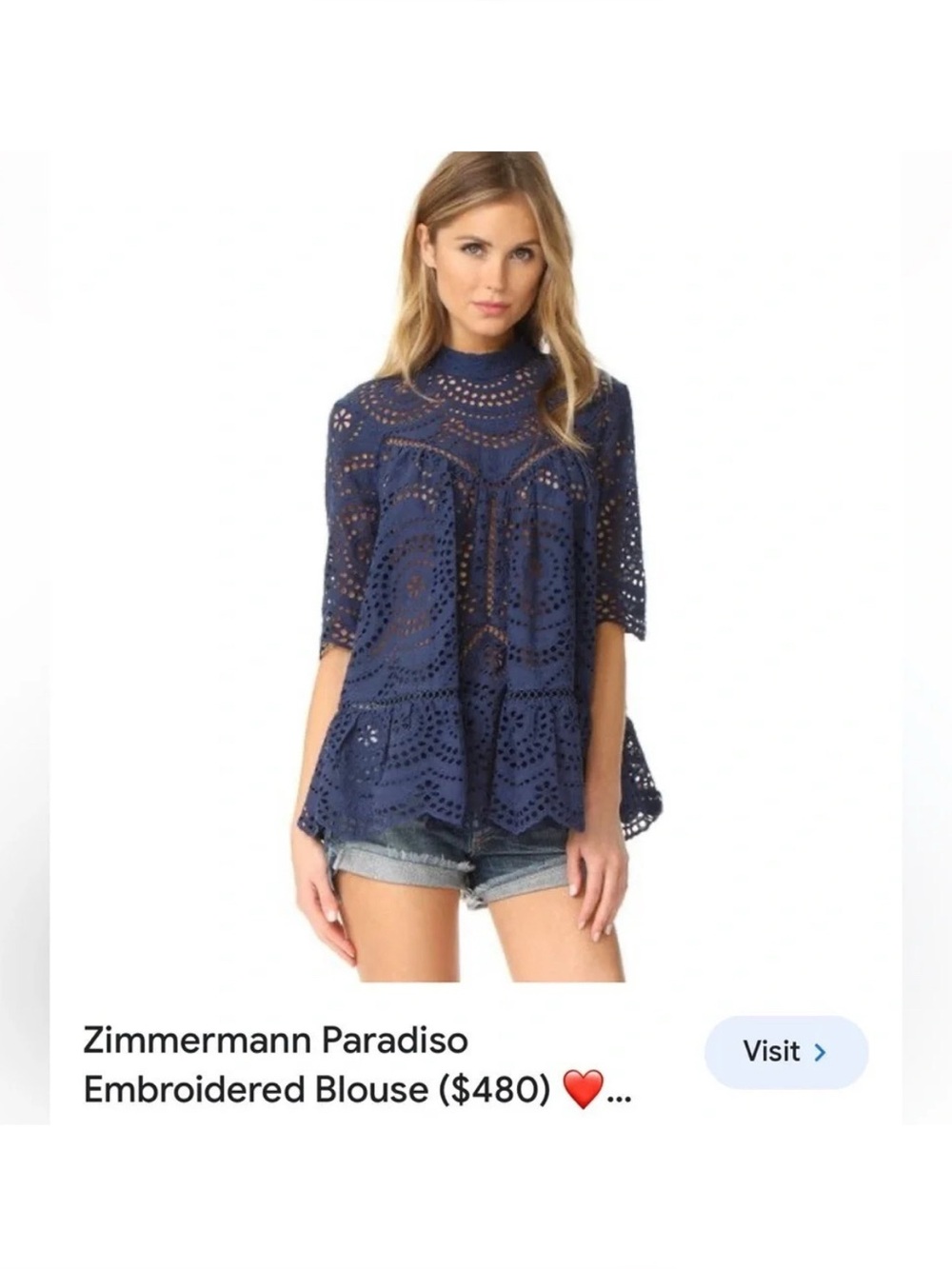 Zimmermann Paradiso Navy Eyelet Embroidered Blouse. Size 1 (SMALL/Medium)